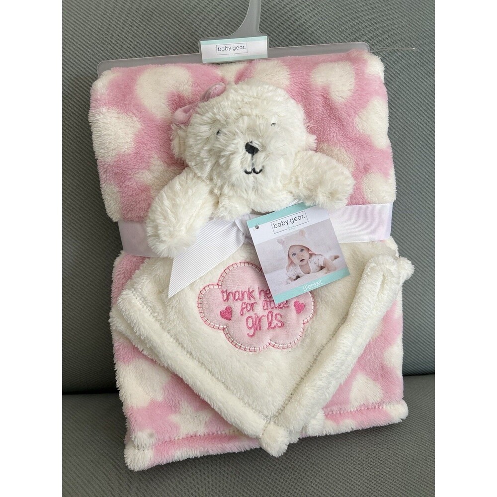 Baby Gear Teddy Bear Blanket Set Thank Heaven for Little Girls Lovey Pink Bow